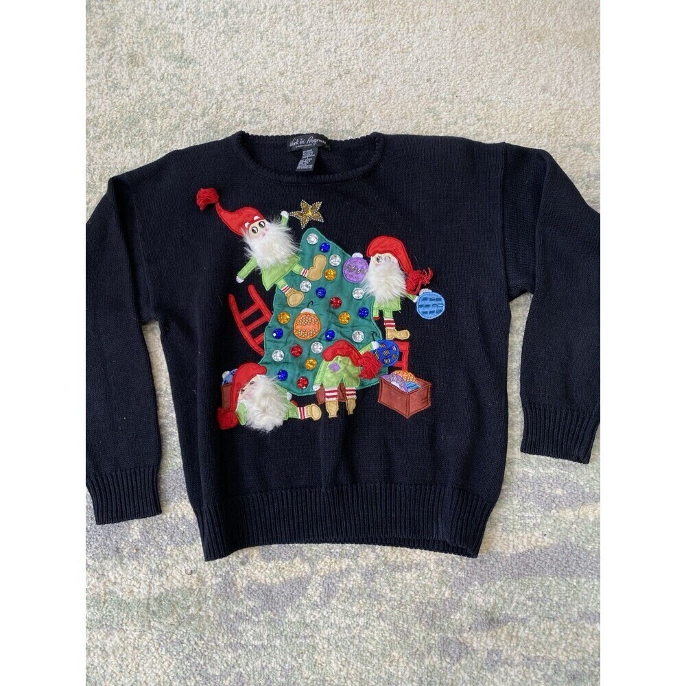 Vintage Size L Christmas Ugly Sweater Elf’s Black Work In Progress Gladys Bagley